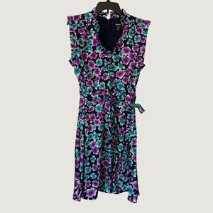 DKNY Women Purple Teal Floral Sleeveless Faux Wrap Ruffle Dress Size 10